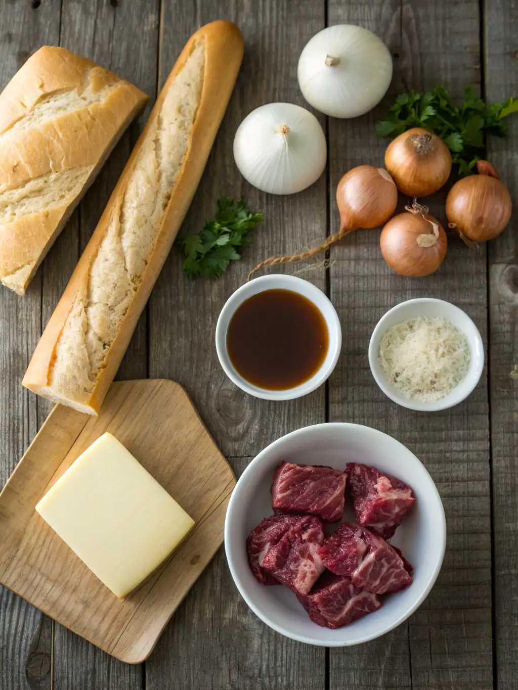 Sourdough bread baguette, fresh onions, fresh herbs, beef stew meat, grated Parmesan cheese, soy sauce, and minced garlic on rustic wooden background for classic cooking recipes.