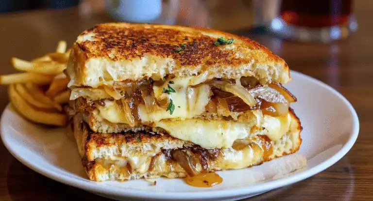 Golden grilled cheese sandwich with melted cheese, caramelized onions, and toasted bread served with a side of crispy French fries. Perfect comfort food for lunch or dinner.
