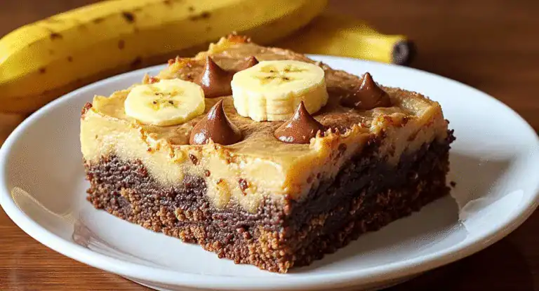 Rich banana and chocolate cheesecake topped with banana slices and chocolate dollops on a white plate, with ripe bananas in the background. Perfect for dessert and banana lovers.