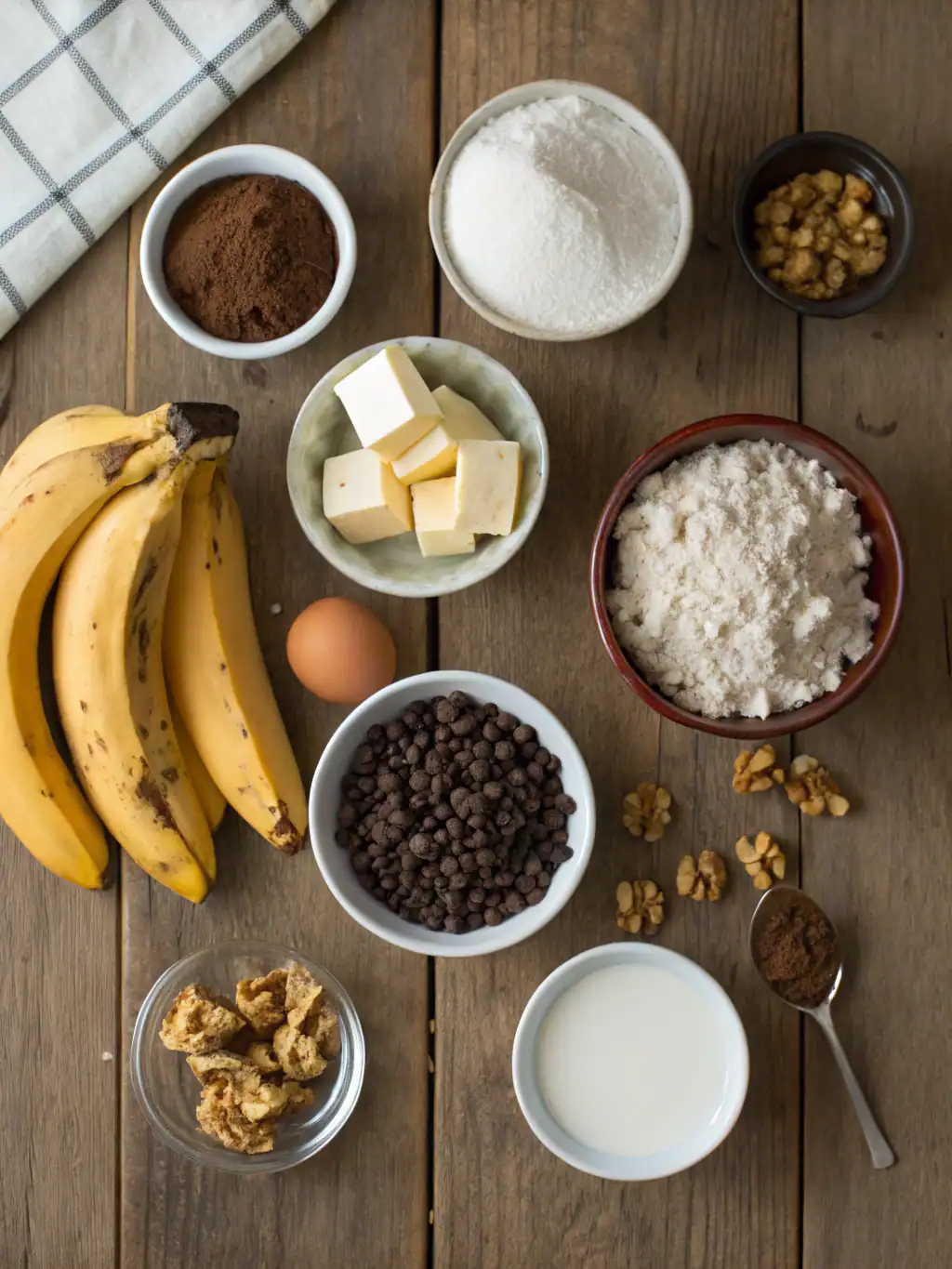 Creamy banana bread ingredients with bananas, butter, flour, eggs, chocolate chips, walnuts, and spices on a rustic wooden surface. Perfect for homemade banana bread recipes.