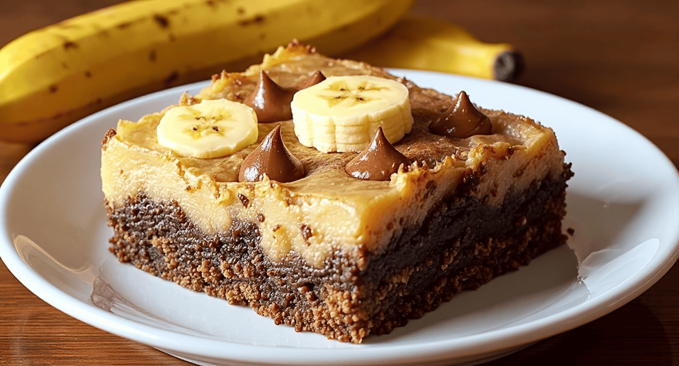 Rich banana and chocolate cheesecake topped with banana slices and chocolate dollops on a white plate, with ripe bananas in the background. Perfect for dessert and banana lovers.