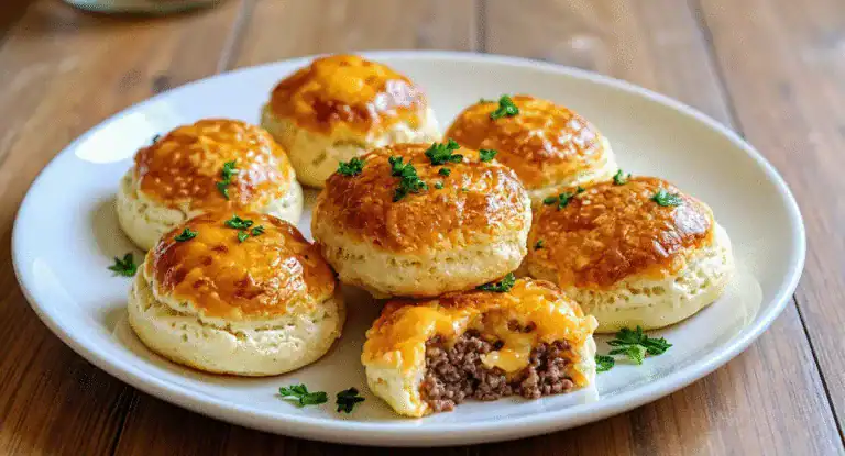 Savory ground beef stuffed biscuits with melted cheese and fresh herbs on a white plate, perfect for appetizers or comfort food.