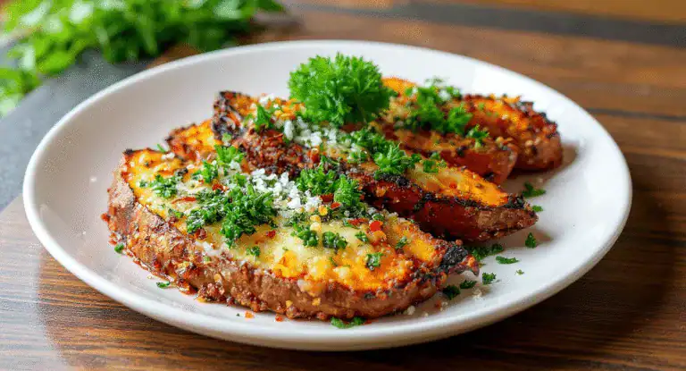 Roasted eggplant slices with herbs and cheese on a white plate, healthy vegetarian dish.