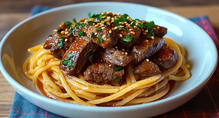 Succulent beef stew served over al dente spaghetti noodles, garnished with chopped green onions and sesame seeds in a white bowl, perfect for a flavorful Asian-inspired meal.