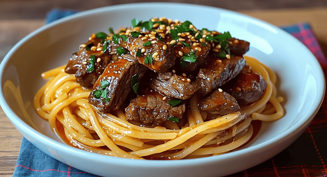 Succulent beef stew served over al dente spaghetti noodles, garnished with chopped green onions and sesame seeds in a white bowl, perfect for a flavorful Asian-inspired meal.