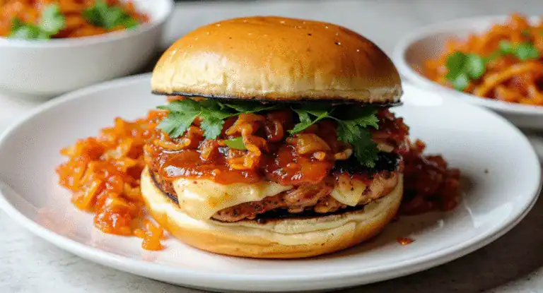 Savory burger with melted cheese, spicy sauce, fresh cilantro, served on a golden bun with a side of flavorful kimchi-like fermented vegetables. Perfect for burger lovers.