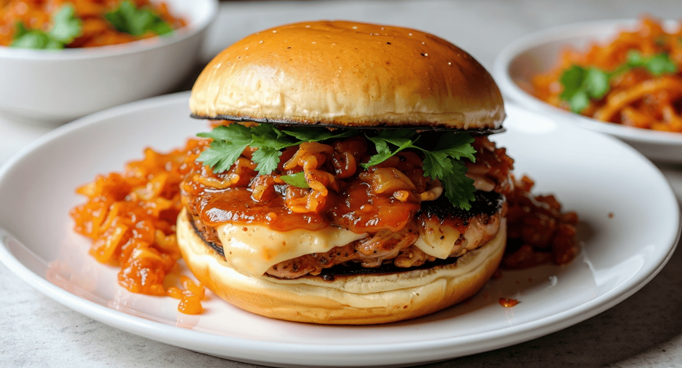 Savory burger with melted cheese, spicy sauce, fresh cilantro, served on a golden bun with a side of flavorful kimchi-like fermented vegetables. Perfect for burger lovers.