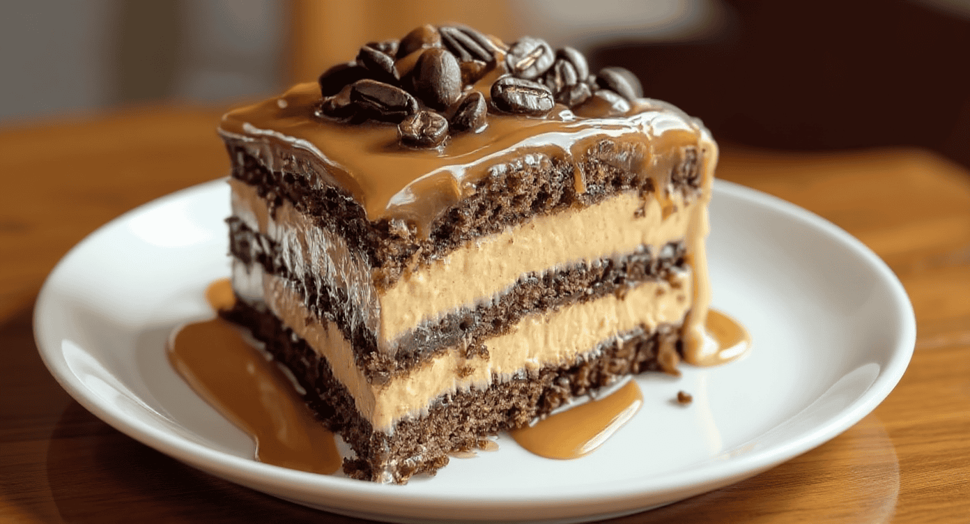 Rich chocolate coffee cake with creamy layers and caramel drizzle, topped with roasted coffee beans, perfect for dessert lovers and coffee enthusiasts.