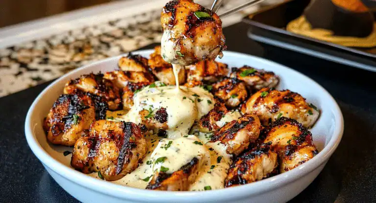 Succulent grilled chicken bites with creamy herb sauce, drizzled with balsamic glaze, served in a white bowl perfect for recipes and meal ideas. Great for cooking enthusiasts and food lovers.