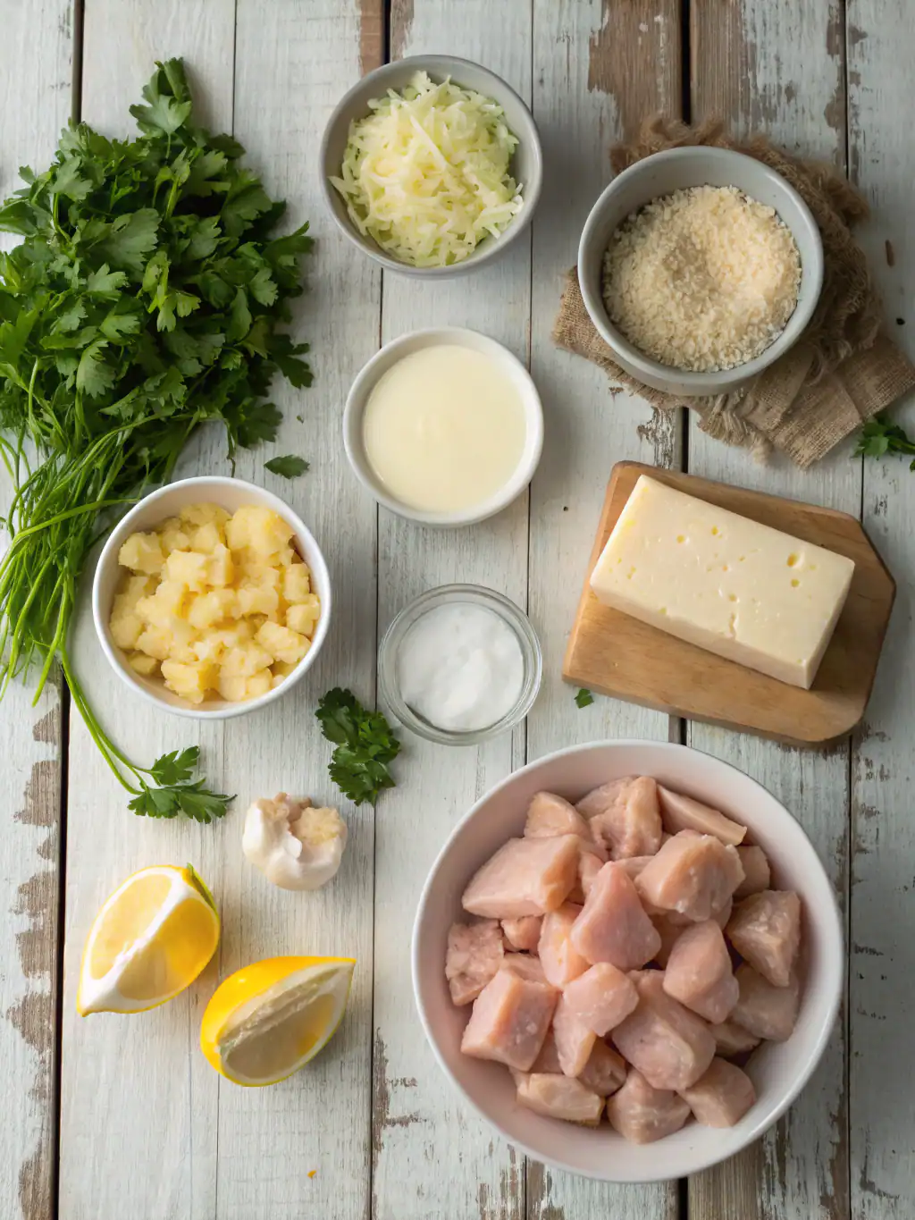 Ingredients for grilled chicken bites with creamy garlic sauce