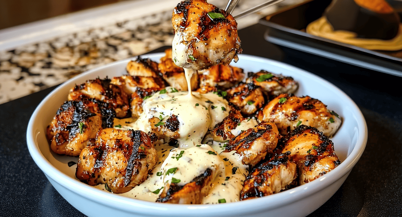 Succulent grilled chicken bites with creamy herb sauce, drizzled with balsamic glaze, served in a white bowl perfect for recipes and meal ideas. Great for cooking enthusiasts and food lovers.