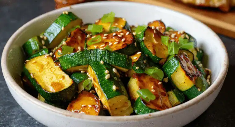 Crispy roasted zucchini with sesame seeds and chopped green onions in a white ceramic bowl, showcasing a healthy, flavorful vegetable dish perfect for meal prep or side dishes.