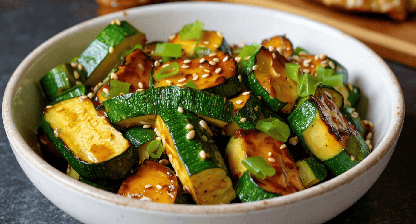Crispy roasted zucchini with sesame seeds and chopped green onions in a white ceramic bowl, showcasing a healthy, flavorful vegetable dish perfect for meal prep or side dishes.