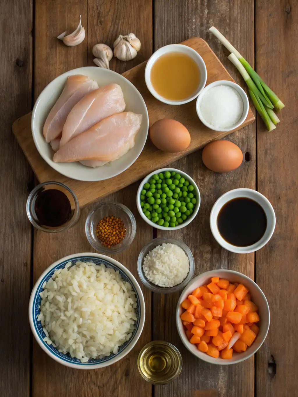 Ingredients for high protein crispy garlic chicken fried rice