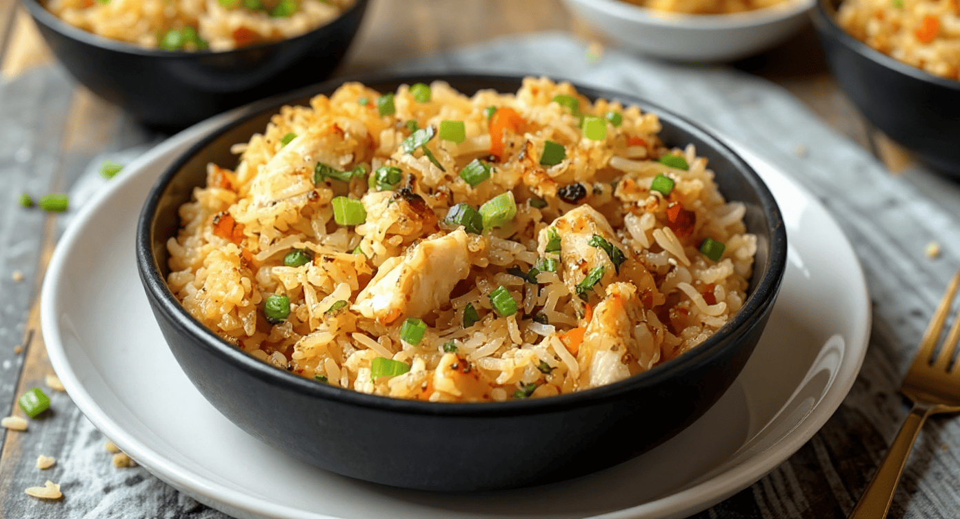Steamed chicken fried rice with vegetables served in a black bowl, garnished with chopped green onions, perfect for delicious meals.