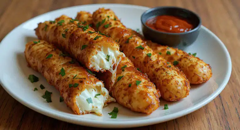 Crispy cheese-filled mozzarella sticks with marinara dipping sauce on a white plate, garnished with fresh parsley. Perfect appetizer or snack for parties and gatherings.
