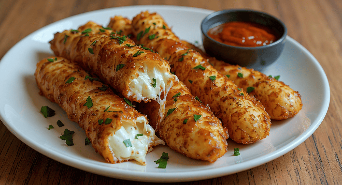 Crispy cheese-filled mozzarella sticks with marinara dipping sauce on a white plate, garnished with fresh parsley. Perfect appetizer or snack for parties and gatherings.