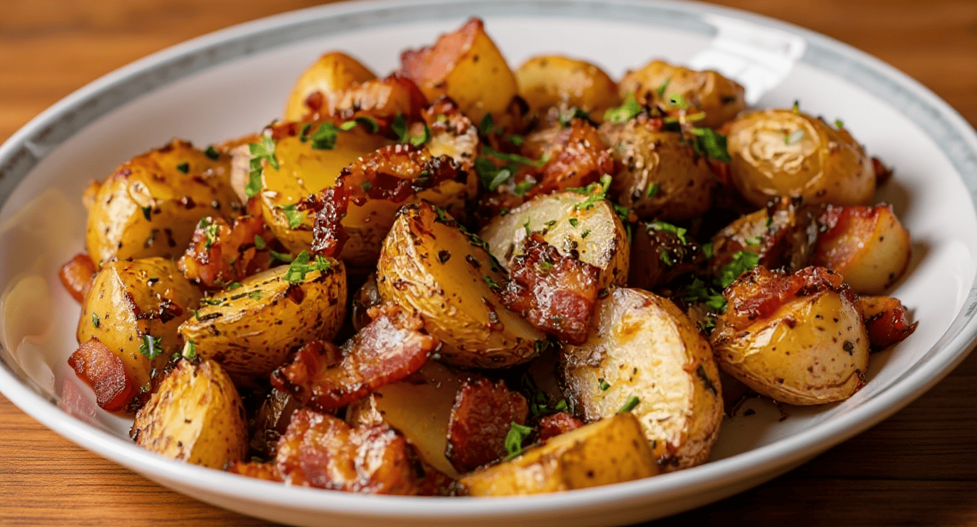Crispy roasted potatoes with bacon bits and fresh herbs dish image.