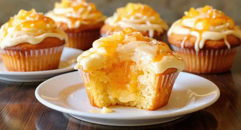 Fresh lemon cupcakes with lemon glaze and creamy icing on a white plate, featuring a soft, moist texture perfect for dessert or tea time.