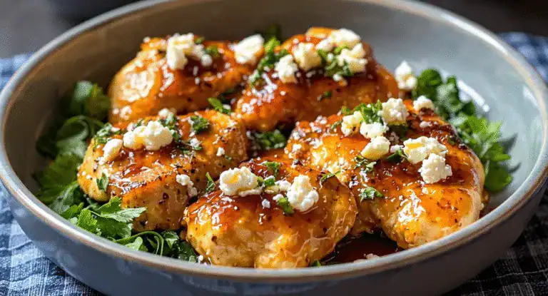 Succulent chicken thighs garnished with fresh herbs and crumbled cheese, topped with savory sauce in a stylish dish.