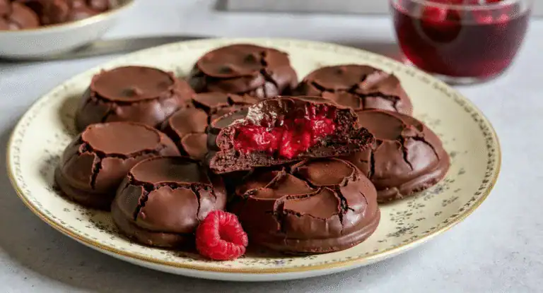 Rich homemade chocolate crème-filled cookies topped with glossy chocolate glaze, served on an elegant plate with fresh raspberries, perfect for dessert recipes.