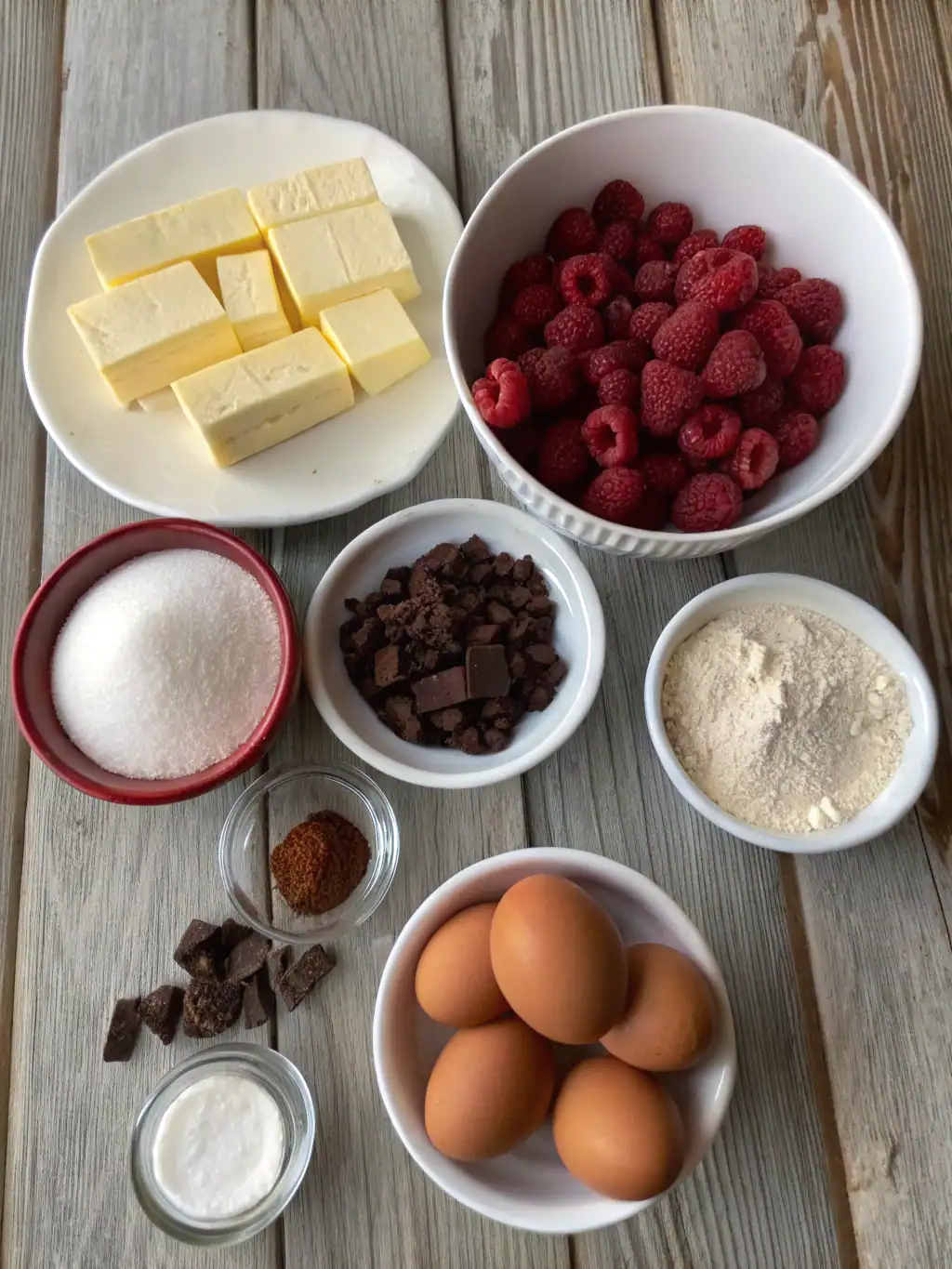 Cream cheese blocks and fresh raspberries on a wooden surface, with baking ingredients like eggs, sugar, flour, chocolate, and spices, ideal for making delicious raspberry cheesecake recipes.
