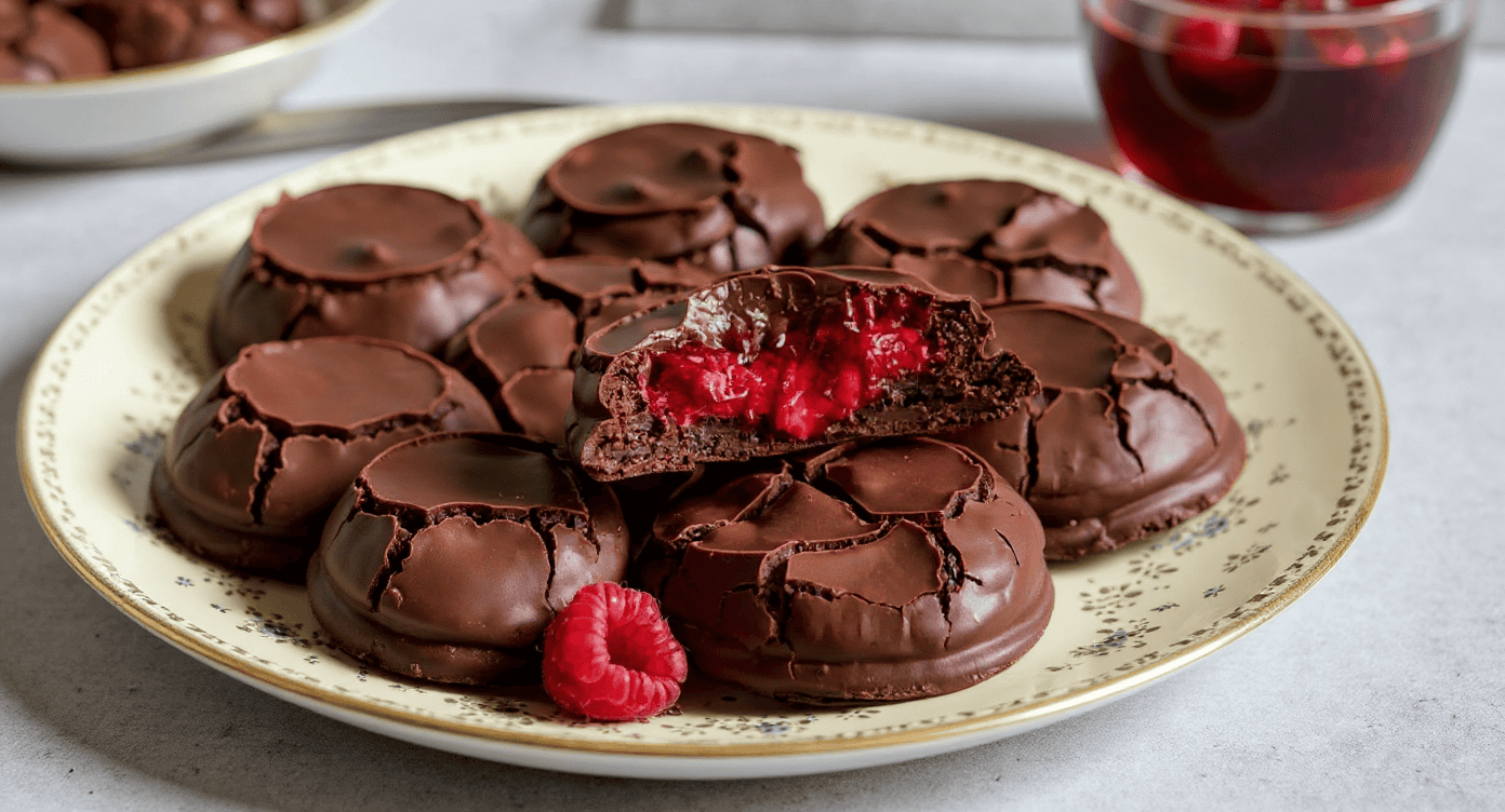Rich homemade chocolate crème-filled cookies topped with glossy chocolate glaze, served on an elegant plate with fresh raspberries, perfect for dessert recipes.