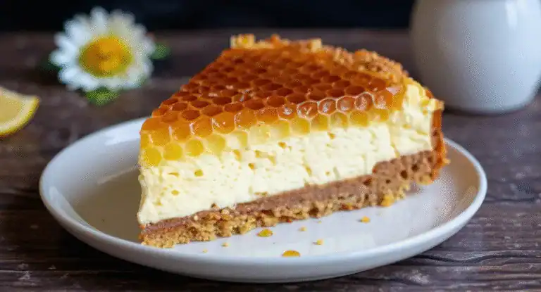 Golden honeycomb cheesecake with a crunchy graham cracker crust on a white plate. Fresh lemon slice and a daisy flower are in the background, evoking a fresh, natural flavor. Perfect for honey lovers and dessert enthusiasts.