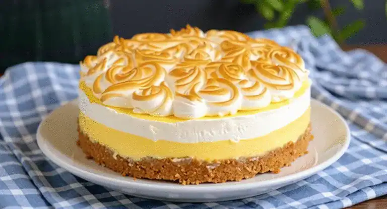 Creamy lemon meringue cheesecake with toasted marshmallow topping, perfect for desserts and gatherings. Delicious, easy-to-make recipe from Recipestang.