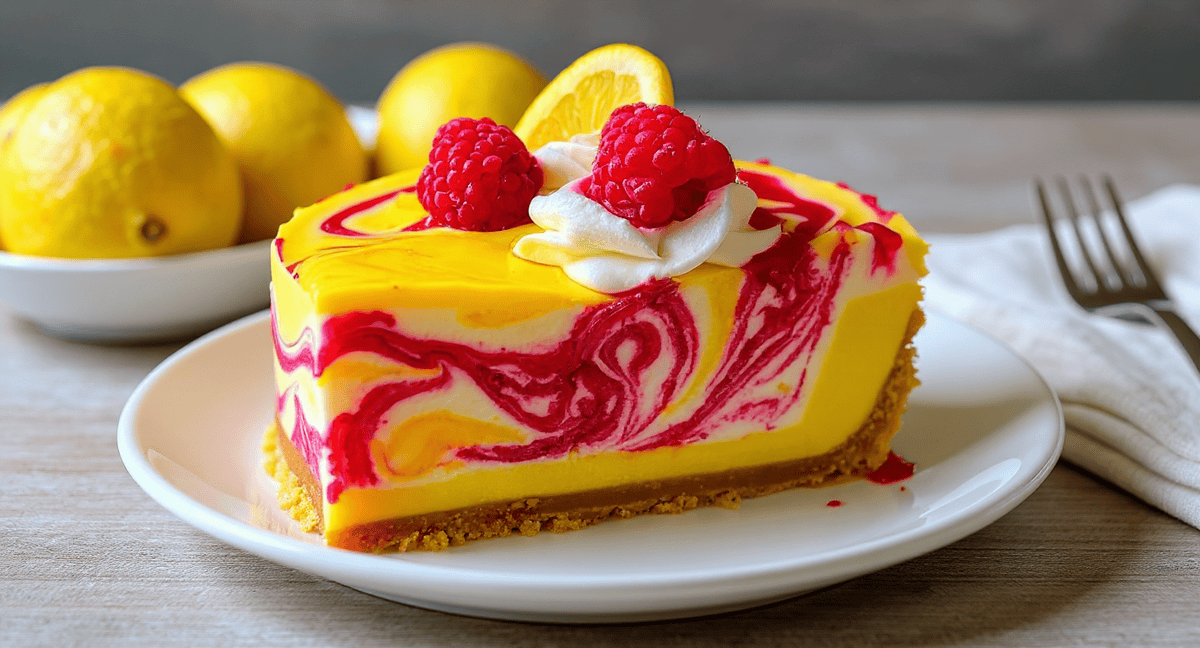 Delicious lemon raspberry swirl cheesecake topped with fresh raspberries and whipped cream on a white plate. Perfect for dessert lovers.