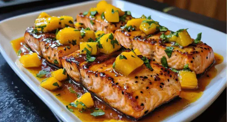 Juicy glazed salmon fillets topped with fresh mango salsa served on a white plate, perfect for healthy and flavorful seafood recipes.