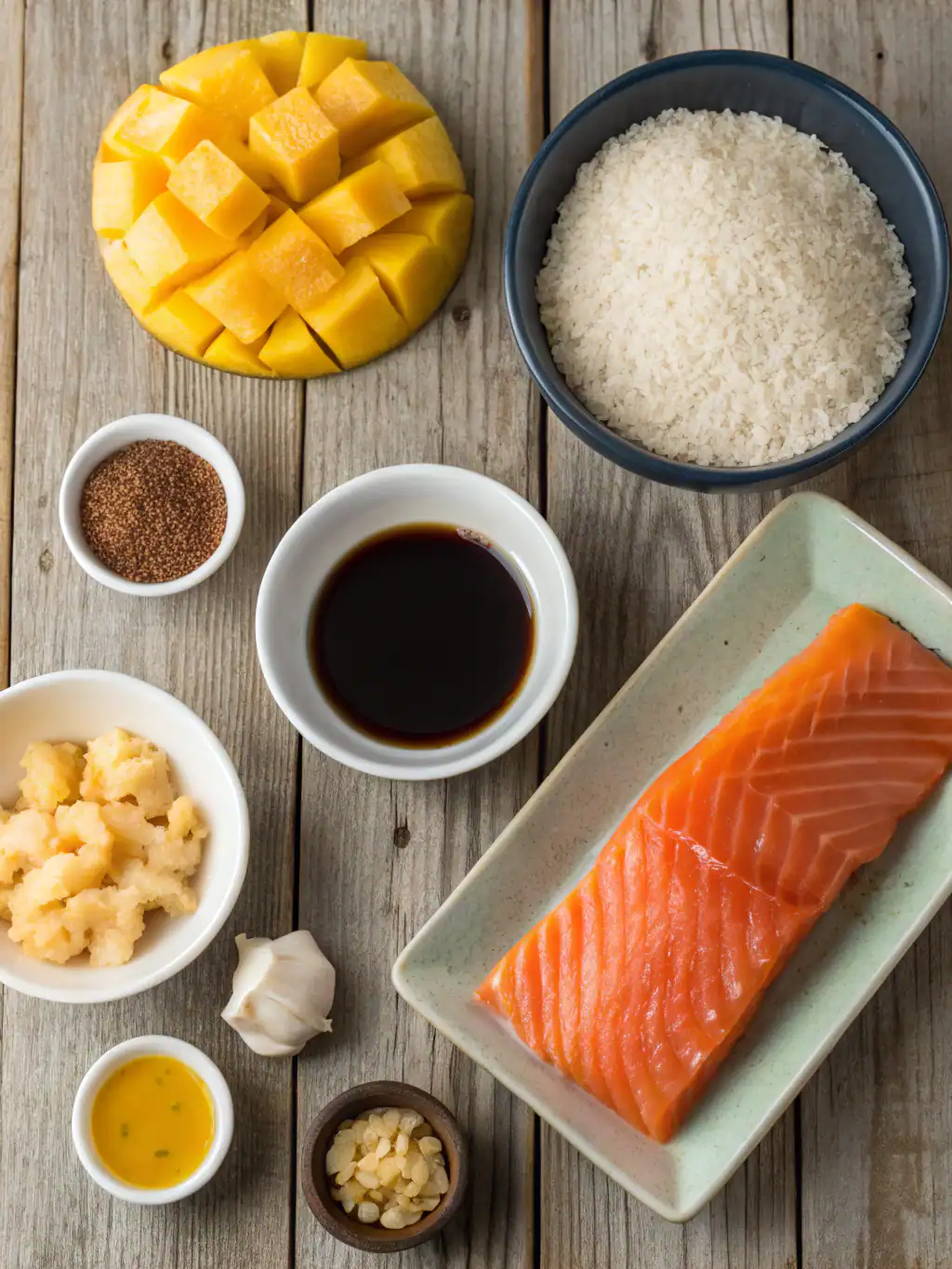 Fresh raw salmon fillet with rice, mango, and seasoning ingredients for sushi or seafood dish preparation.