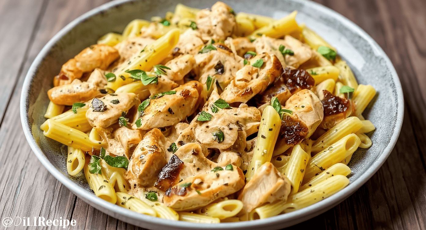 Juicy chicken and sun-dried tomatoes served over pasta, topped with fresh herbs in a creamy sauce, perfect for a comforting Italian meal.