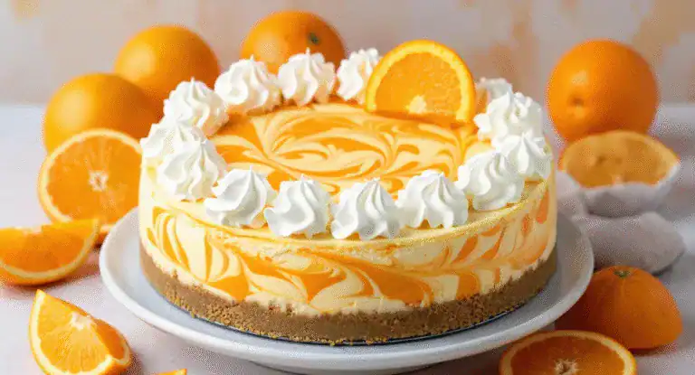 Fresh orange cheesecake with whipped cream garnished with orange slices, surrounded by whole and sliced oranges on a white plate. Perfect for citrus-themed desserts and gatherings.
