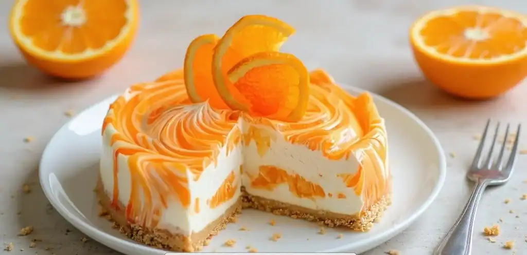 Smooth orange lemon cream cheesecake with citrus garnishes on a white plate for refreshing dessert.