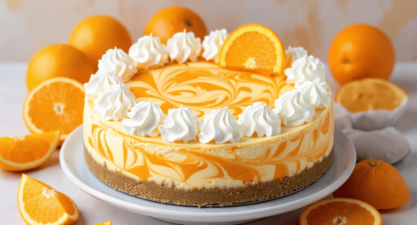 Fresh orange cheesecake with whipped cream garnished with orange slices, surrounded by whole and sliced oranges on a white plate. Perfect for citrus-themed desserts and gatherings.