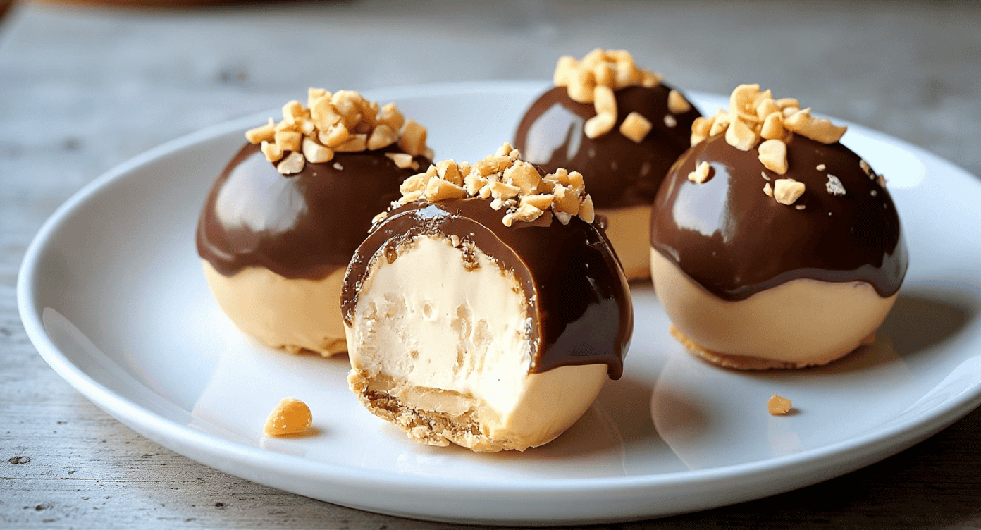 Cream-filled chocolates coated in glossy dark chocolate and topped with chopped nuts on a white plate, perfect for dessert or gifts.