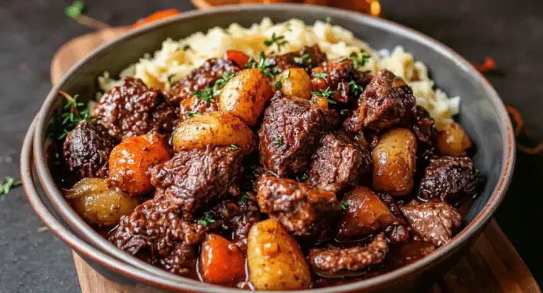 Slow cooker beef stew with tender chunks of beef, carrots, potatoes, and herbs in a rich, savory gravy, served with mashed potatoes on the side. Perfect comfort food for cold days.