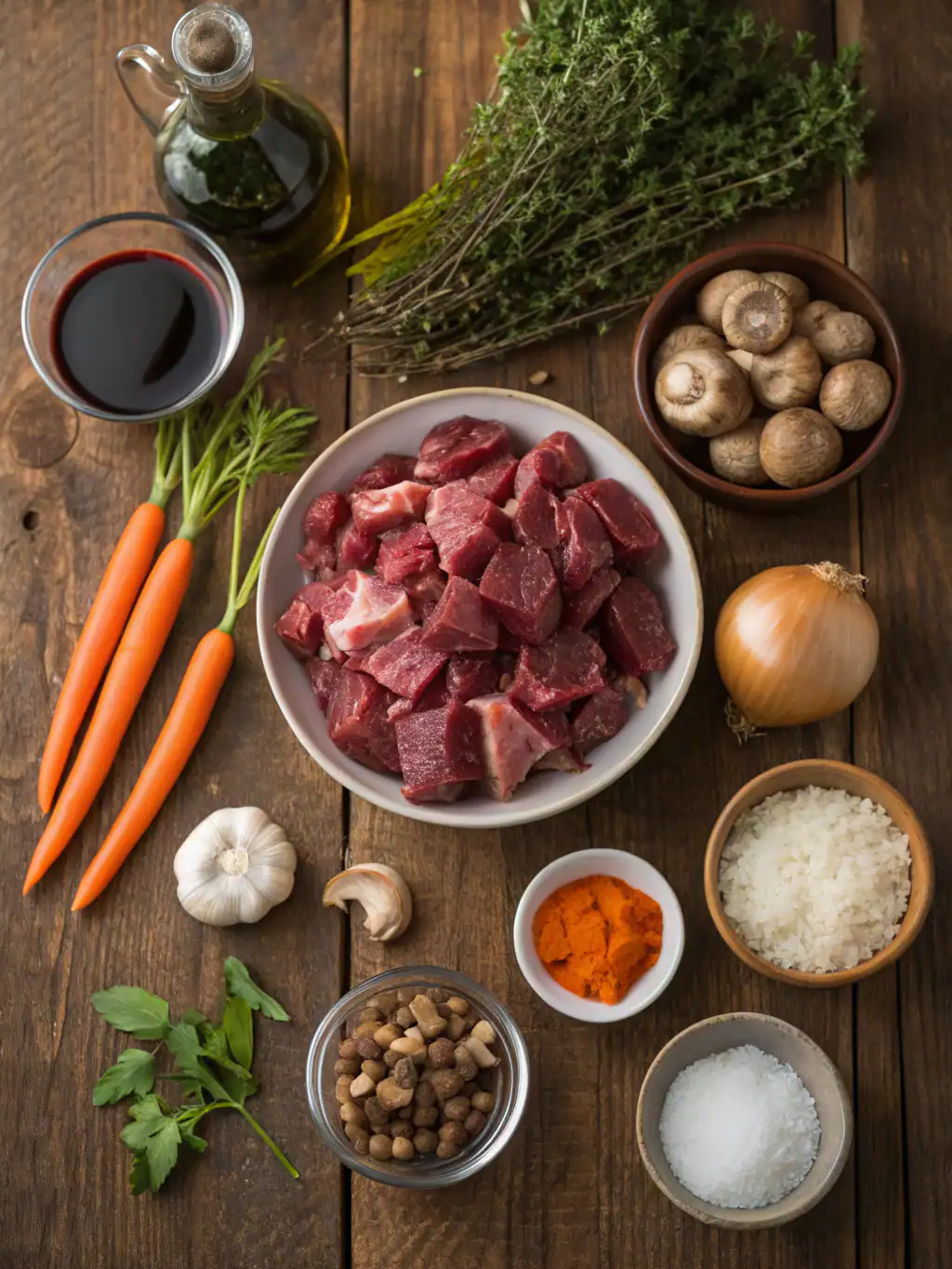 Ingredients for one pot beef bourguignon recipe