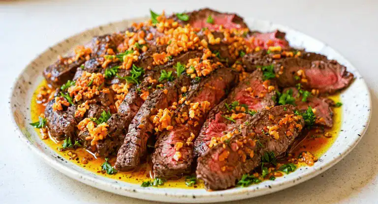 Juicy, perfectly cooked steak topped with garlic and herbs, served on a white speckled plate with flavorful sauce and garnished with parsley. Ideal for steak lovers and home-cooked meals.
