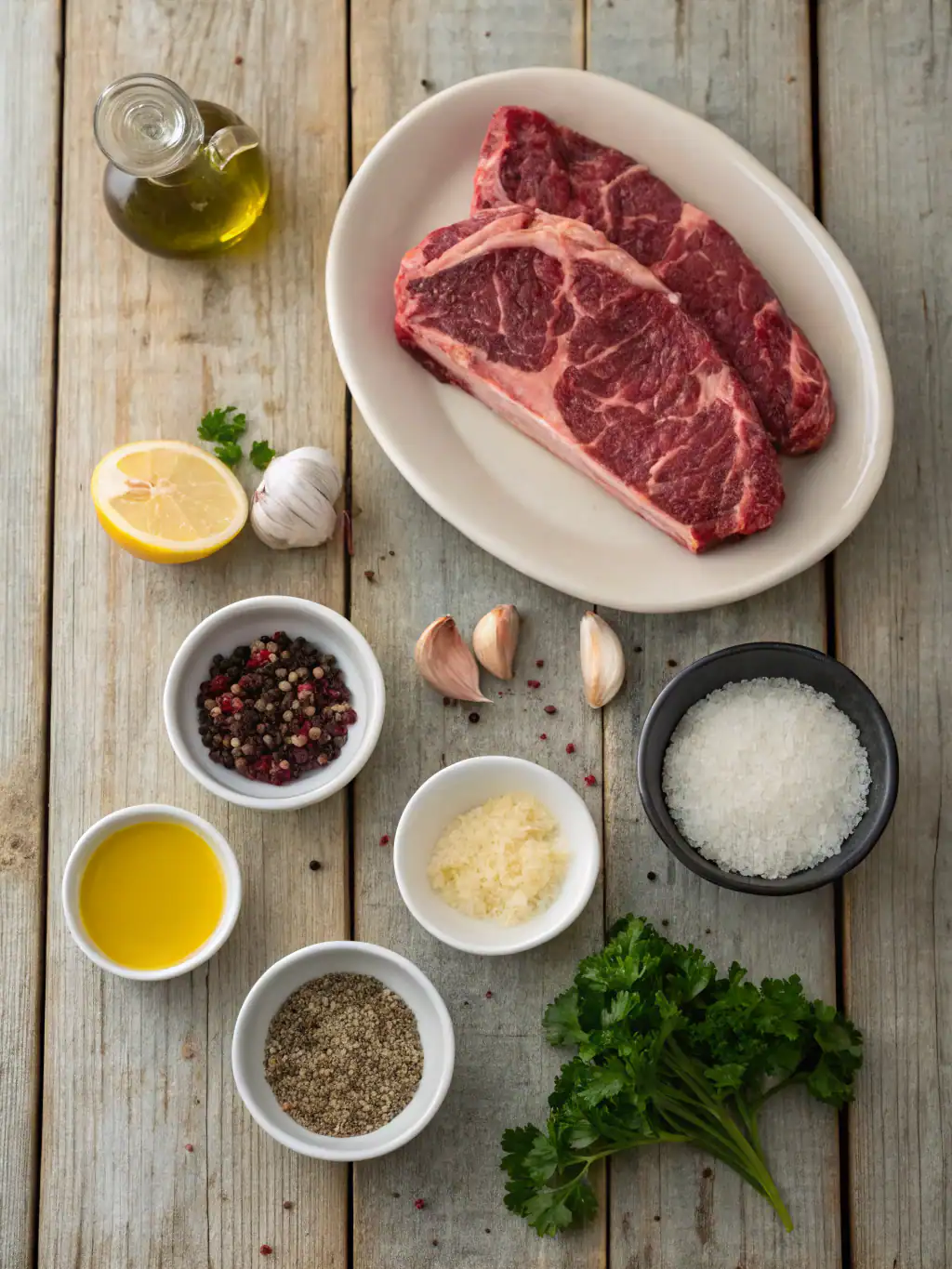 Juicy raw steaks with garlic, herbs, and spices on rustic wooden table perfect for grilling or cooking. Ingredients include salt, pepper, garlic, lemon, olive oil, garlic, and fresh parsley.