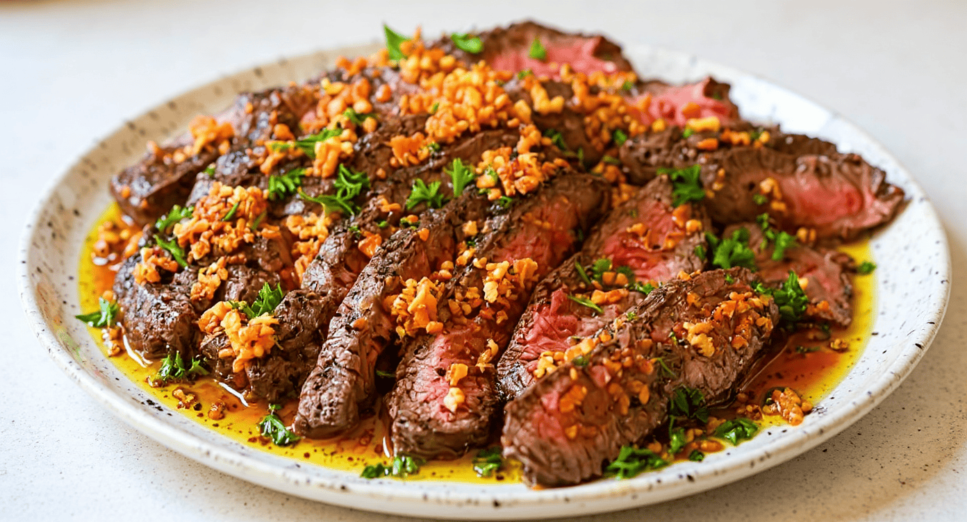 Juicy, perfectly cooked steak topped with garlic and herbs, served on a white speckled plate with flavorful sauce and garnished with parsley. Ideal for steak lovers and home-cooked meals.