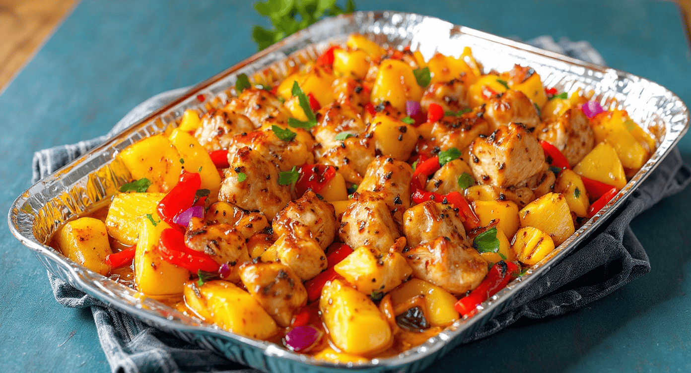 Juicy grilled chicken bites with tropical fruit and vibrant vegetables in a foil tray, perfect for summer barbecues or family dinners, showcasing delicious and colorful meal ideas.