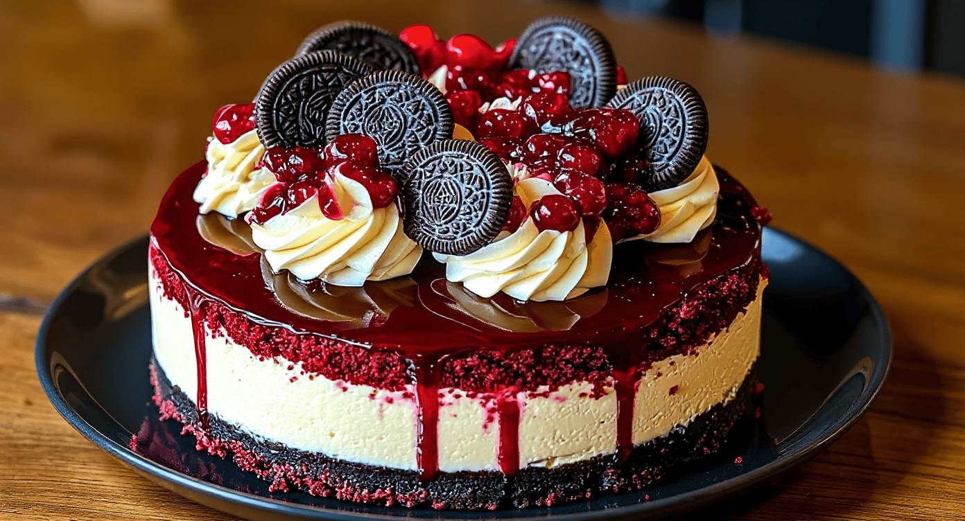Oreos and cherry cheesecake decorated with whipped cream and cherry topping on a black plate.