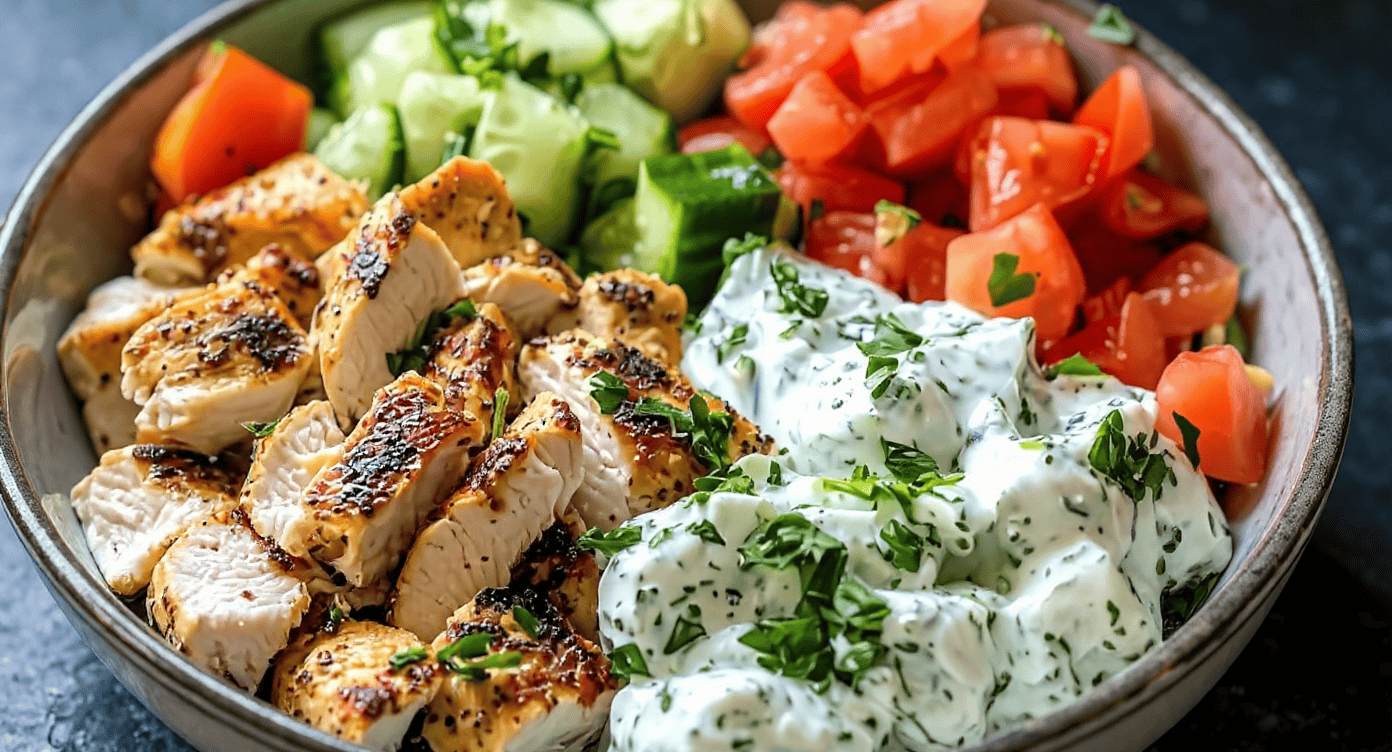 Juicy grilled chicken with creamy tzatziki, fresh diced tomatoes, and crisp cucumbers in a seasoned salad bowl. Perfect for healthy, flavorful meals and easy to prepare at home.