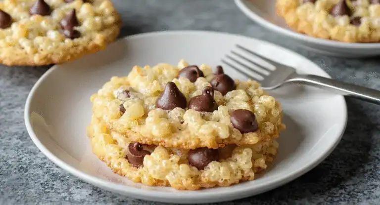 Butterscotch Rice Krispies Treats with chocolate chips on a white plate.