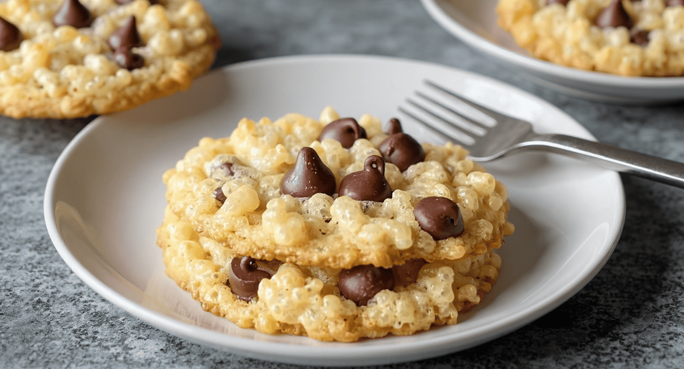 Butterscotch Rice Krispies Treats with chocolate chips on a white plate.