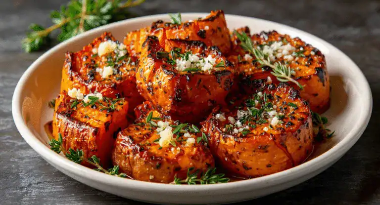 Roasted sweet potatoes garnished with herbs and crumbled cheese on a white plate. Perfect for healthy meal ideas and flavorful side dishes, showcasing vibrant colors and seasoned to perfection.