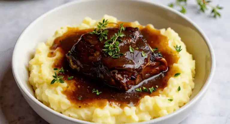 Tender beef brisket with rich gravy served over creamy mashed potatoes, garnished with fresh herbs in a white bowl. Perfect comfort food for a hearty meal.