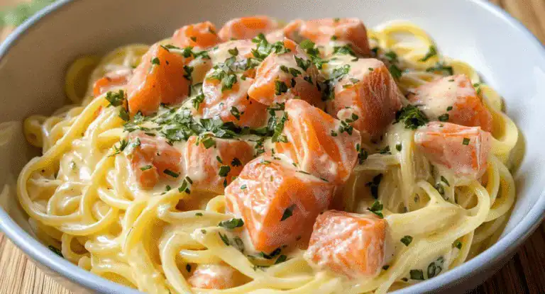 Creamy salmon pasta with fresh herbs and rich sauce, perfect for easy dinner recipes. A delicious seafood dish on a white plate, featuring tender salmon chunks and perfectly cooked spaghetti.